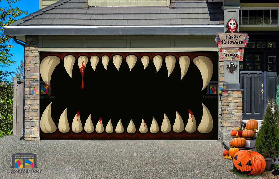 Cubierta para puerta de garaje con dientes de monstruo gigante