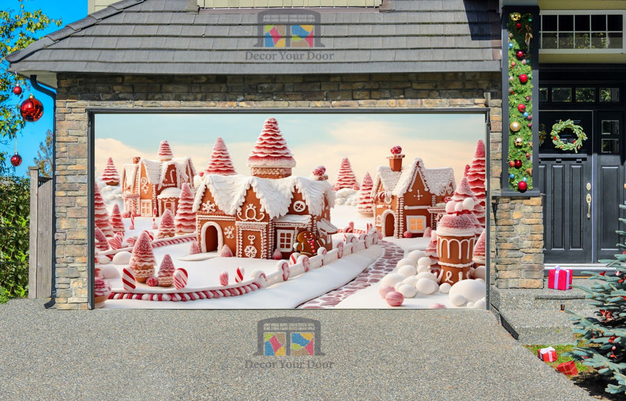 Christmas Gingerbread Village Garage Door Wrap Cover Home Decoration