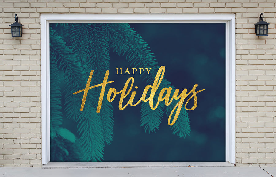 Gold Happy Holidays Christmas with Tree Evergreen Garage Door Cover Banner Wrap