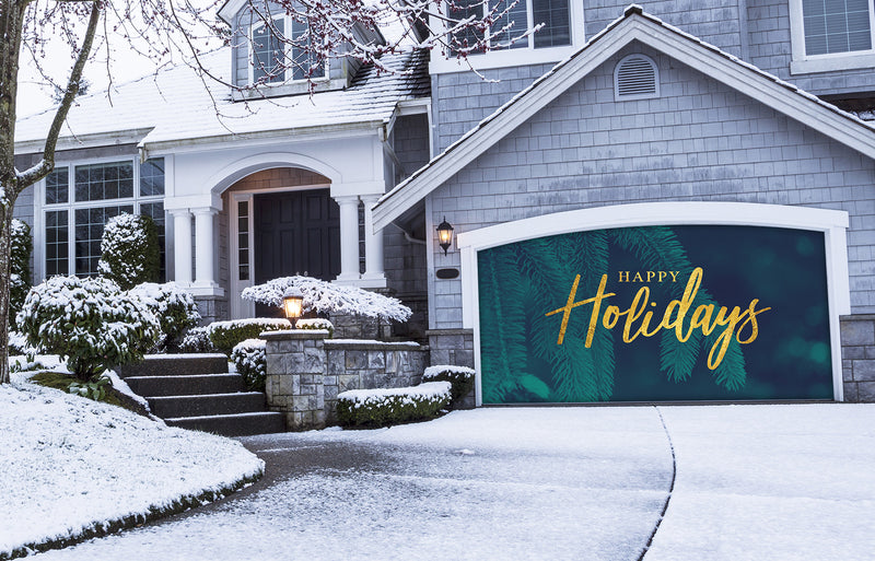 Gold Happy Holidays Christmas with Tree Evergreen Garage Door Cover Banner Wrap — exterior clearance cover