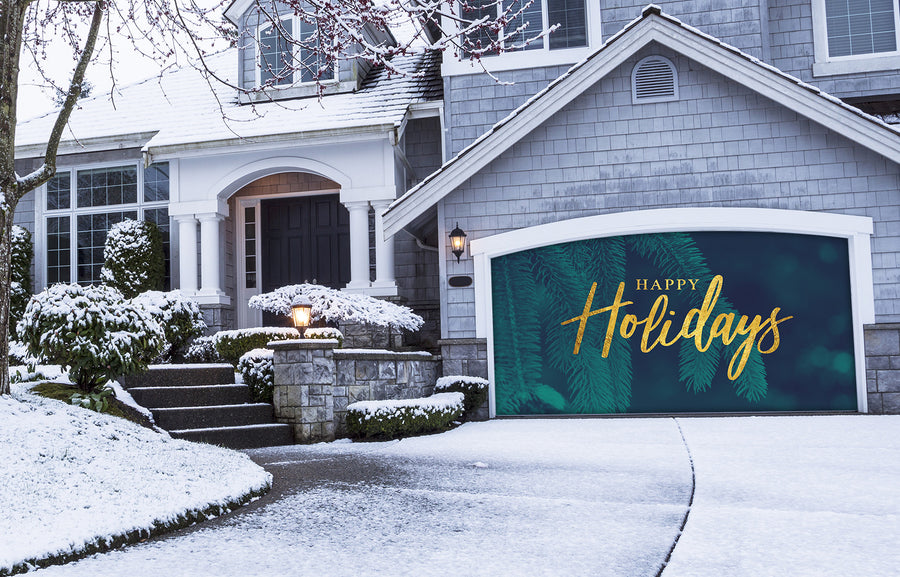 Gold Happy Holidays Christmas with Tree Evergreen Garage Door Cover Banner Wrap