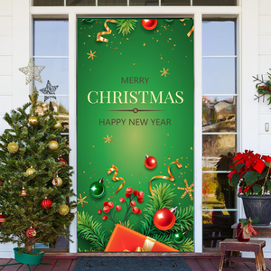Cubierta de la puerta delantera de Feliz Navidad de regalo dorado y rojo