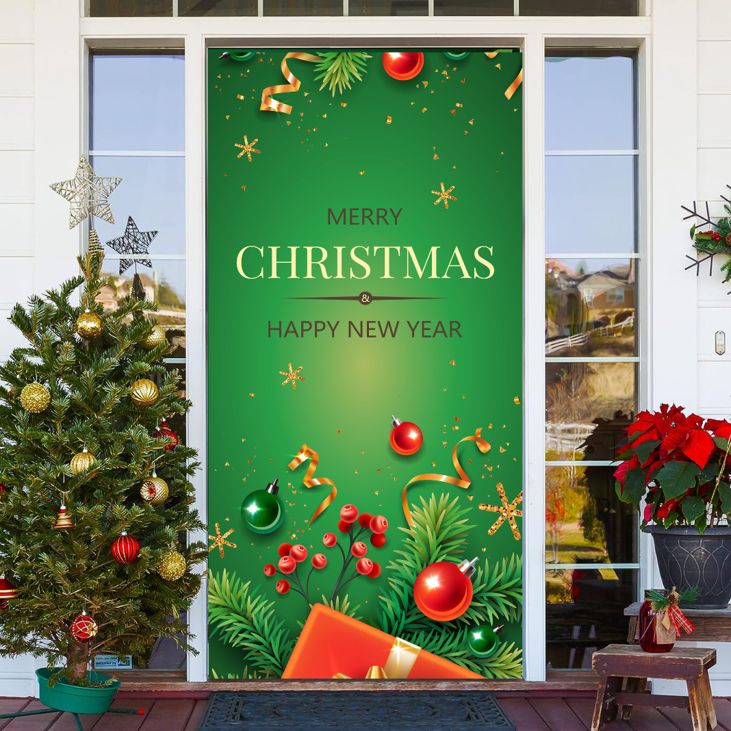 Gold And Red Gift Merry Christmas Front Door Cover