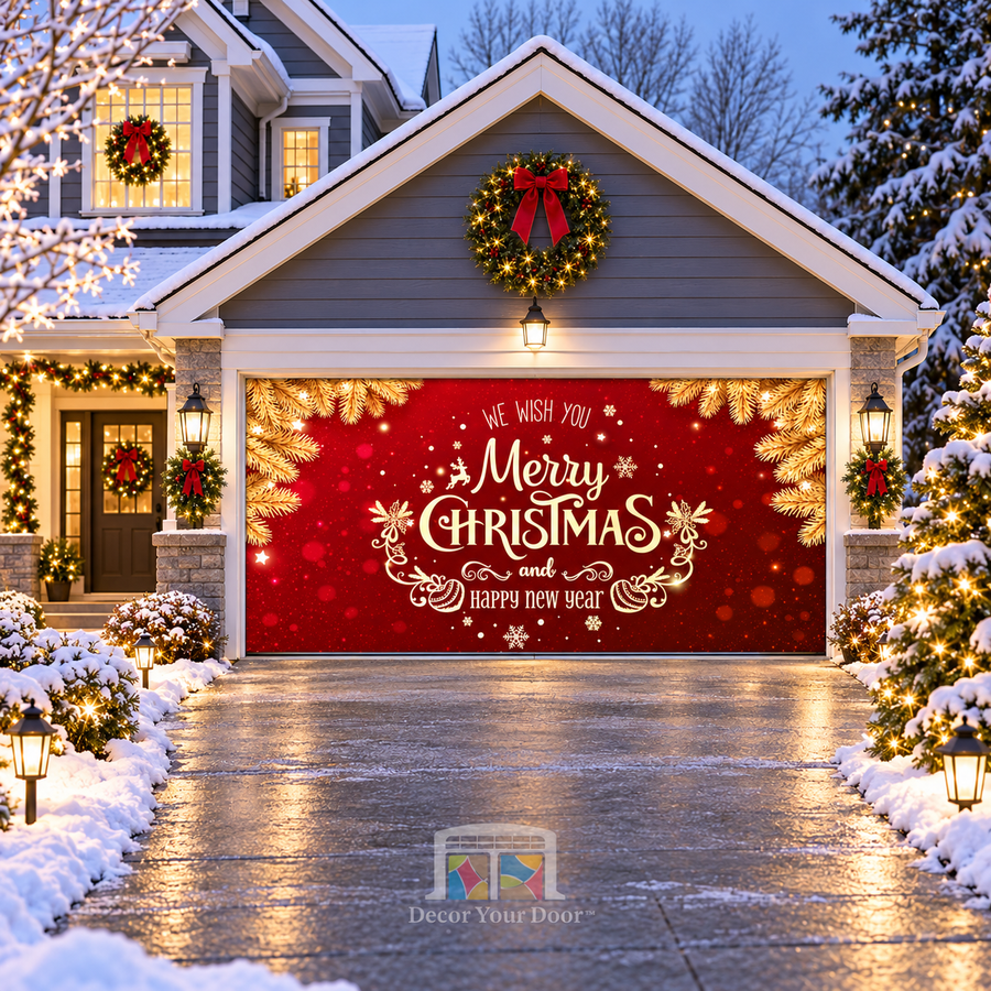 Gold Christmas And Happy New Year Garage Door Cover Banner Backdrop Mural