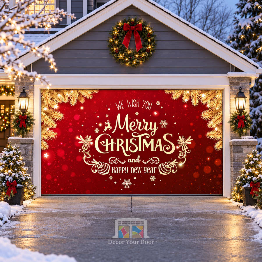 Gold Christmas And Happy New Year Garage Door Cover Banner Backdrop Mural