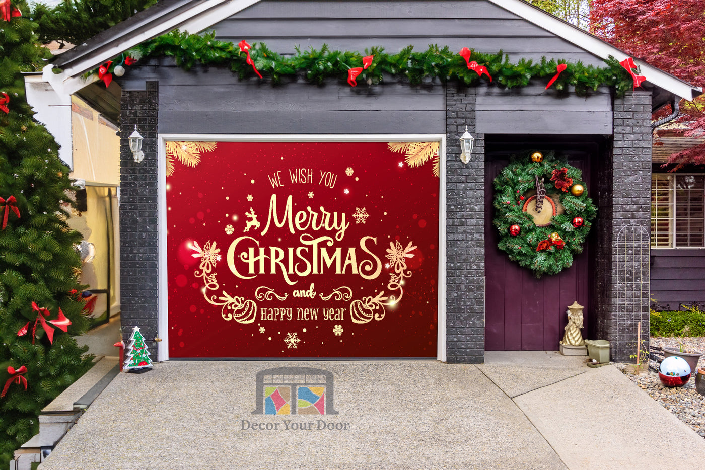 Gold Christmas And Happy New Year Garage Door Cover Banner Backdrop Mural