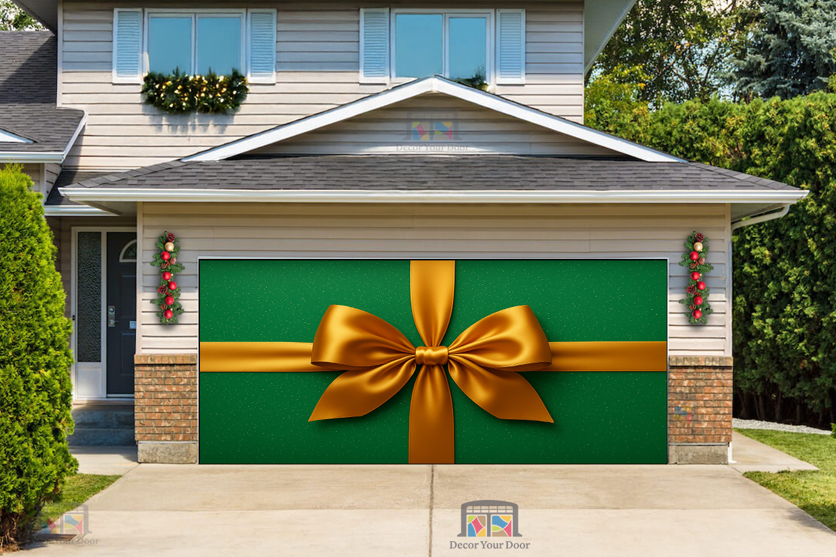 Elegancia de Cinta Verde – Cubierta Navideña para Puerta de Garaje