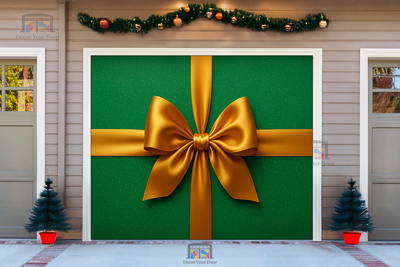 Elegancia de Cinta Verde – Cubierta Navideña para Puerta de Garaje