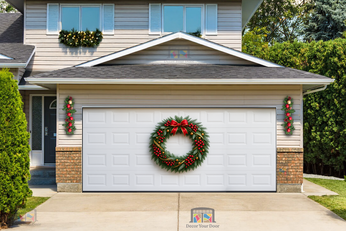 Corona de cinta de bayas doradas – Cubierta navideña para puerta de garaje