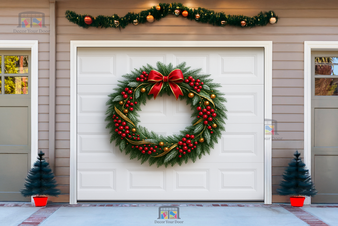 Corona de cinta de bayas doradas – Cubierta navideña para puerta de garaje