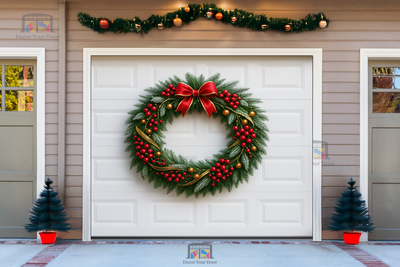 Corona de cinta de bayas doradas – Cubierta navideña para puerta de garaje