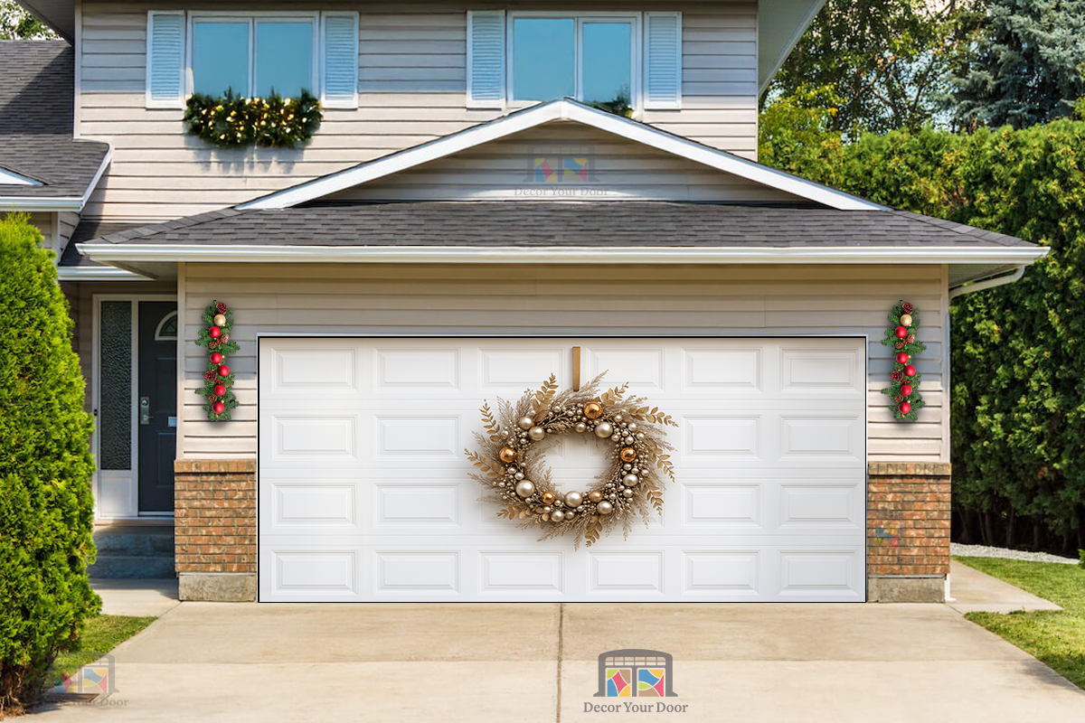 Corona de Navidad Golden Frost Elegance – Cubierta para puerta de garaje