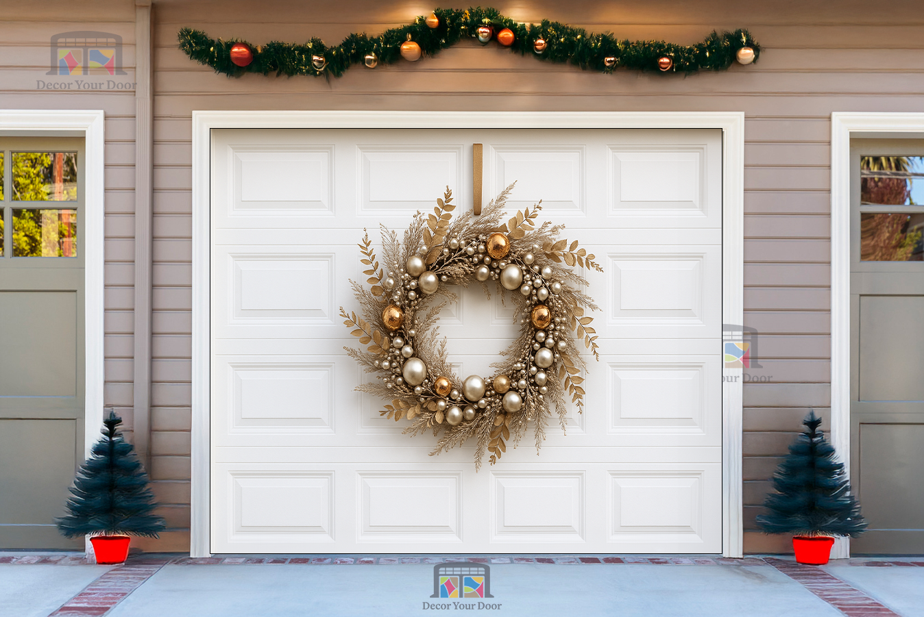 Corona de Navidad Golden Frost Elegance – Cubierta para puerta de garaje