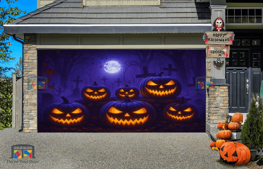 Graveyard Glow garage door cover featuring sinister jack-o’-lanterns under a glowing purple sky for Halloween.