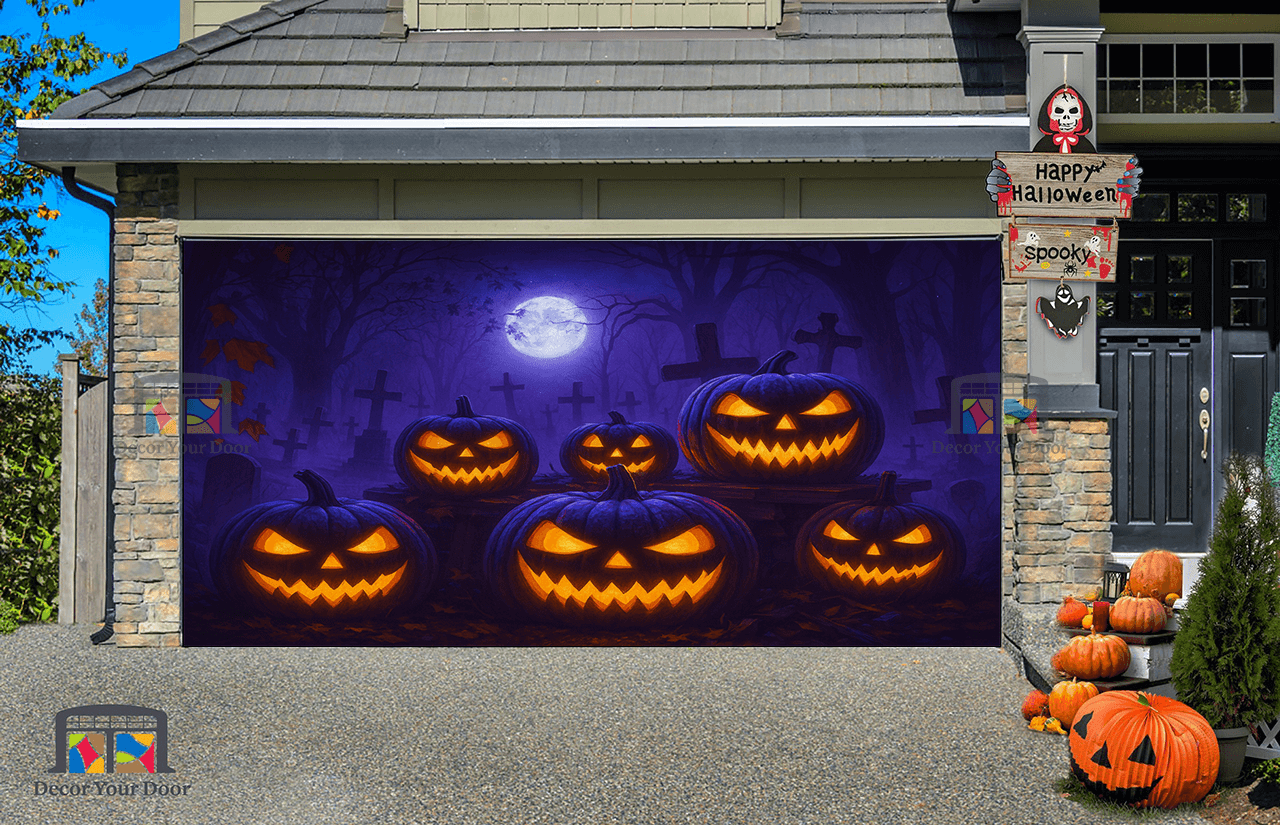 Graveyard Glow garage door cover featuring sinister jack-o’-lanterns under a glowing purple sky for Halloween.