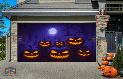 Graveyard Glow garage door cover featuring sinister jack-o’-lanterns under a glowing purple sky for Halloween.