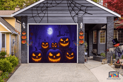 Graveyard Glow garage door cover featuring glowing jack-o'-lanterns and a spooky graveyard theme for Halloween.