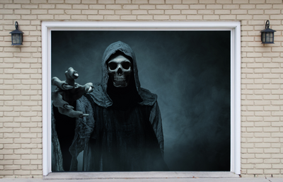 Grim Reaper Reaching Towards The Camera Over Dark Background Garage Door Cover Wrap Decoration
