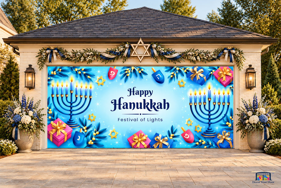 Festival of Lights Celebration Hanukkah Garage Door Cover — two-car front view
