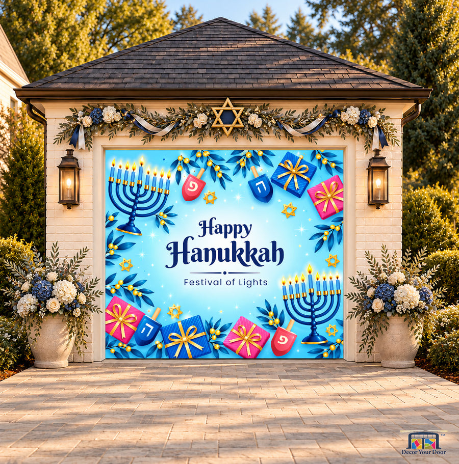 Festival of Lights Celebration Hanukkah Garage Door Cover — one-car front view