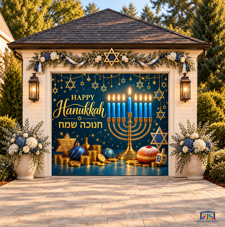 Festival of Lights Hanukkah Garage Door Cover — one-car front view