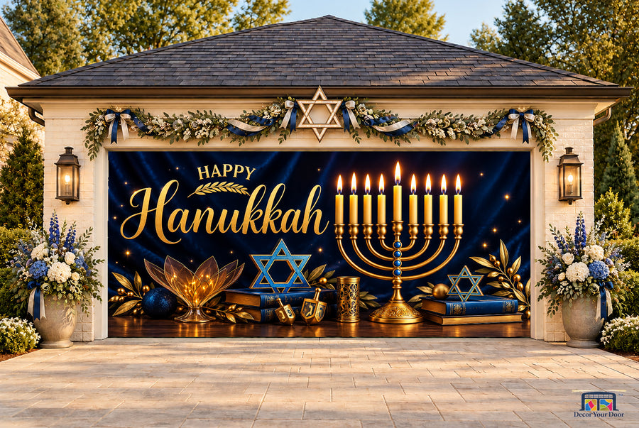 Golden Festival of Lights Hanukkah Garage Door Cover — two-car front view