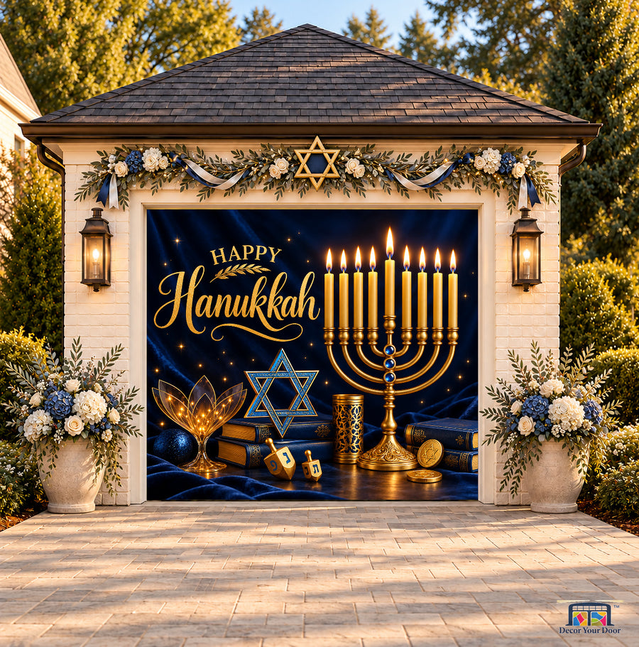 Golden Festival of Lights Hanukkah Garage Door Cover — one-car front view