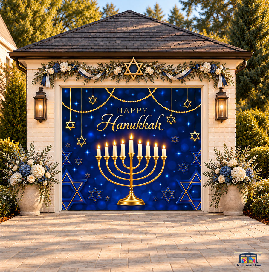Golden Glow Hanukkah Garage Door Cover — one-car front view