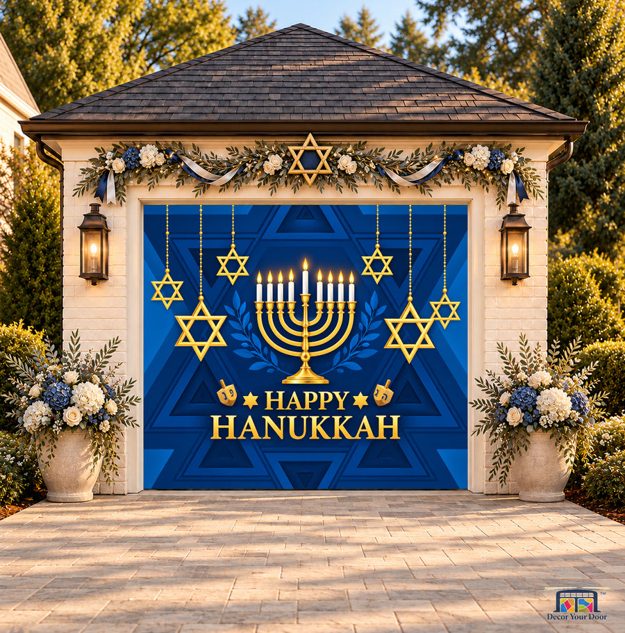 Hanging Stars of David Hanukkah Garage Door Cover — one-car front view