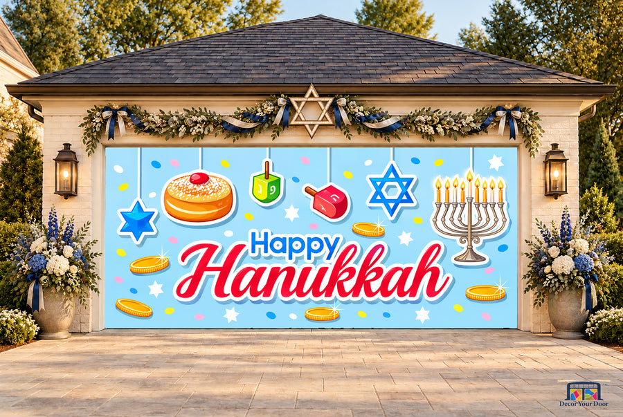 Playful Hanukkah Celebration Garage Door Cover — two-car front view