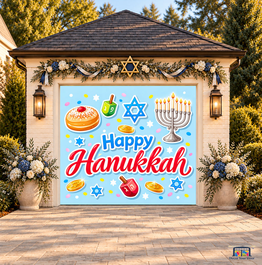Playful Hanukkah Celebration Garage Door Cover — one-car front view