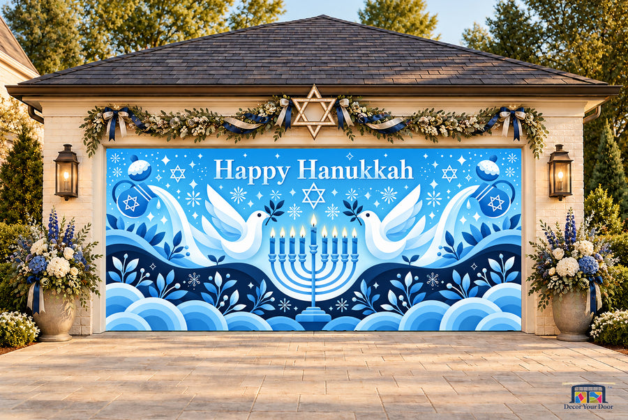 Doves of Peace Hanukkah Garage Door Cover — two-car front view