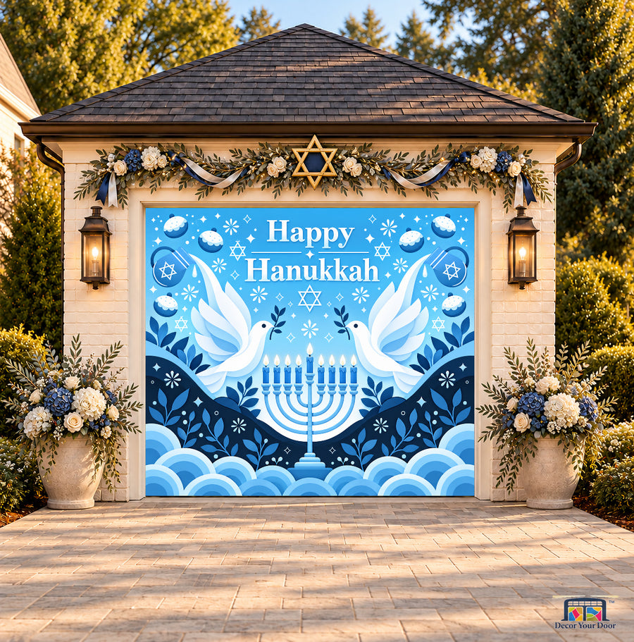 Doves of Peace Hanukkah Garage Door Cover — one-car front view