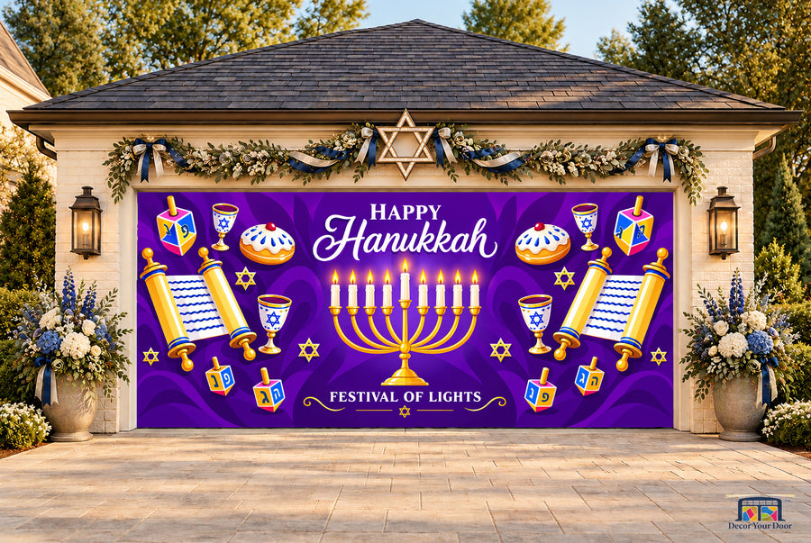 Purple Hanukkah Celebration Garage Door Cover — two-car front view