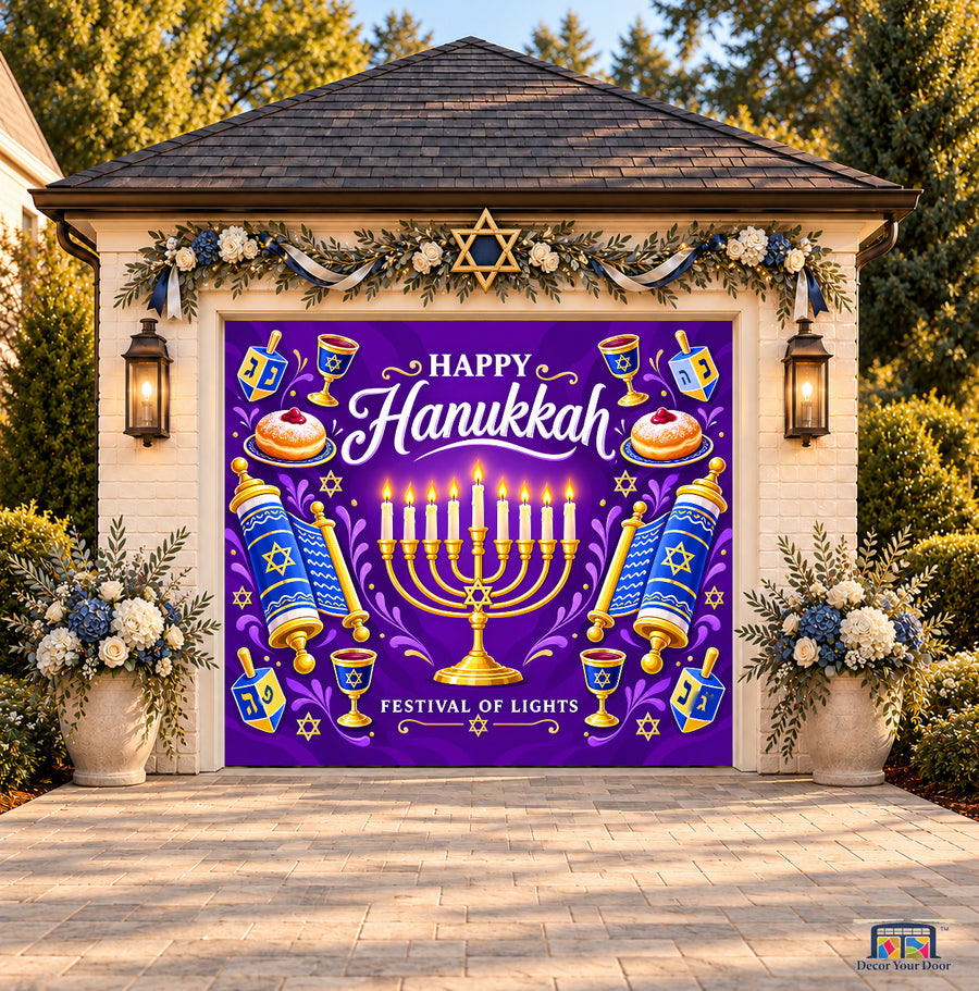 Purple Hanukkah Celebration Garage Door Cover — one-car front view