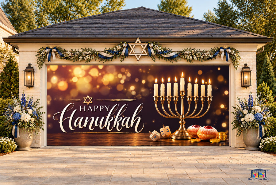 Warm Candlelight Hanukkah Garage Door Cover — two-car front view
