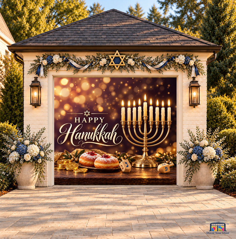 Warm Candlelight Hanukkah Garage Door Cover — one-car front view
