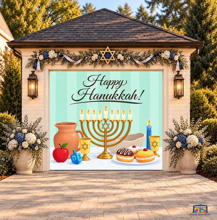 Mint Hanukkah Table Garage Door Cover — one-car front view