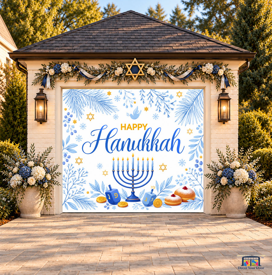 Winter White Hanukkah Garage Door Cover — one-car front view