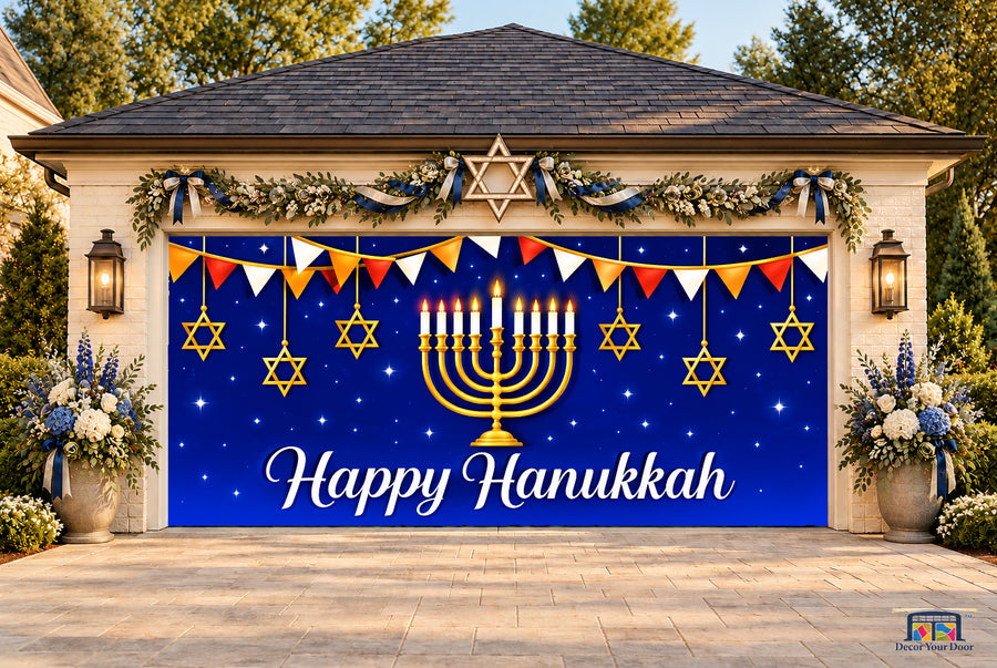 Hanukkah Night Celebration Garage Door Cover — two-car front view