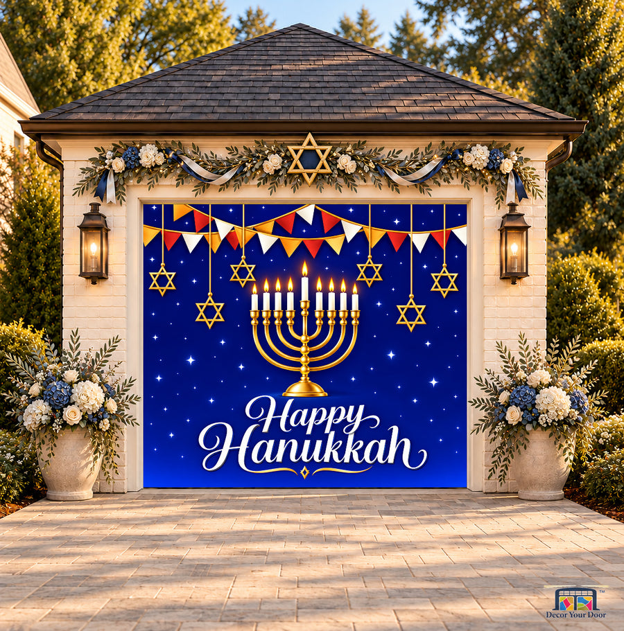Hanukkah Night Celebration Garage Door Cover — one-car front view