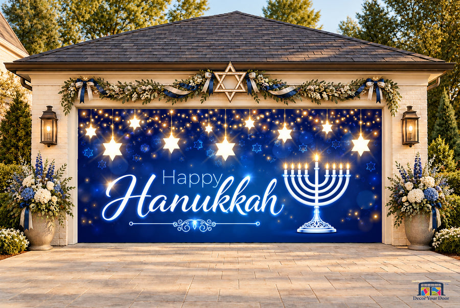 Shining Hanukkah Lights Garage Door Cover — two-car front view