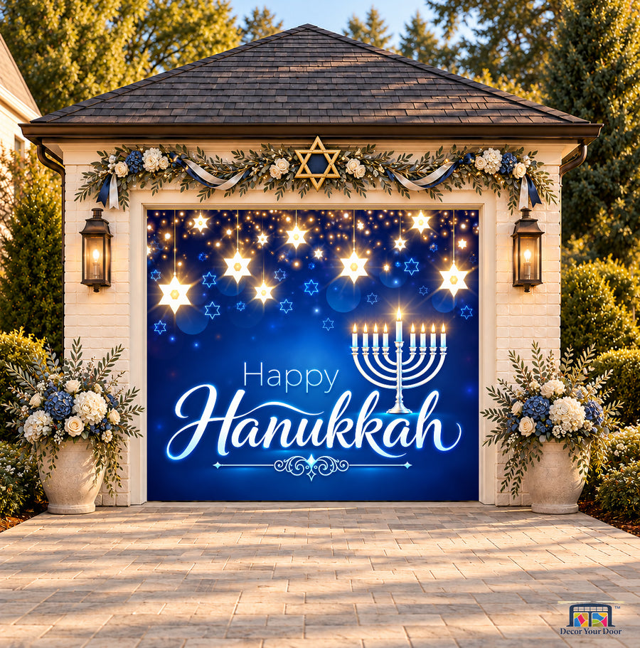 Shining Hanukkah Lights Garage Door Cover — one-car front view