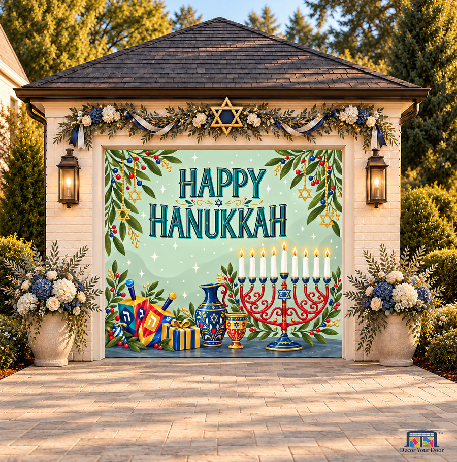 Botanical Hanukkah Garage Door Cover — one-car front view