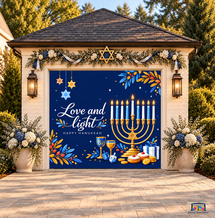 Love and Light Hanukkah Garage Door Cover — one-car front view