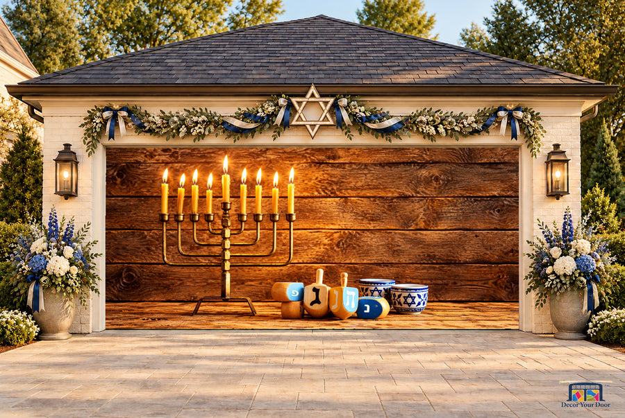 Rustic Wooden Hanukkah Garage Door Cover — two-car front view