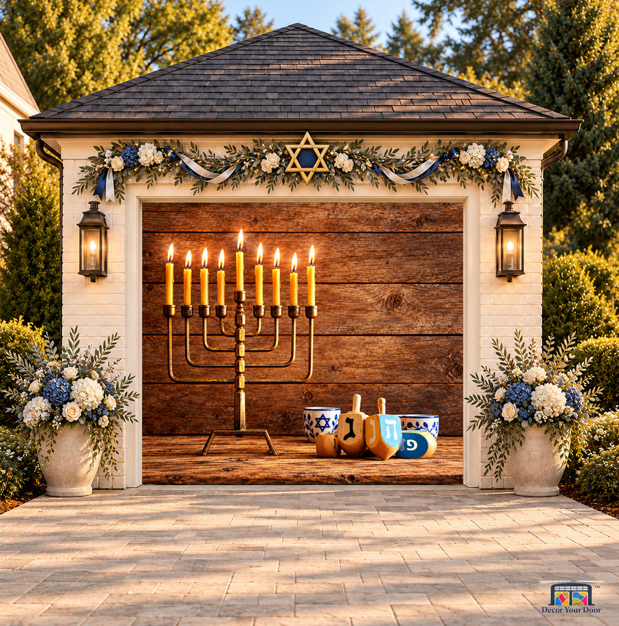Rustic Wooden Hanukkah Garage Door Cover — one-car front view