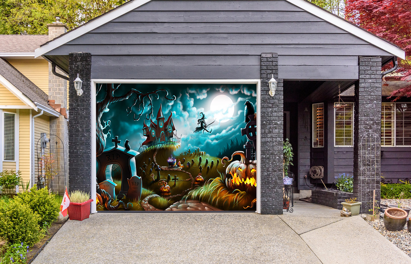 Halloween Night Mystery Graveyard Garage Door Cover Banner Backdrop