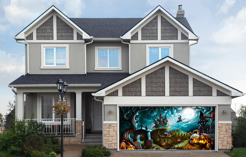 Halloween Night Mystery Graveyard Garage Door Cover Banner Backdrop