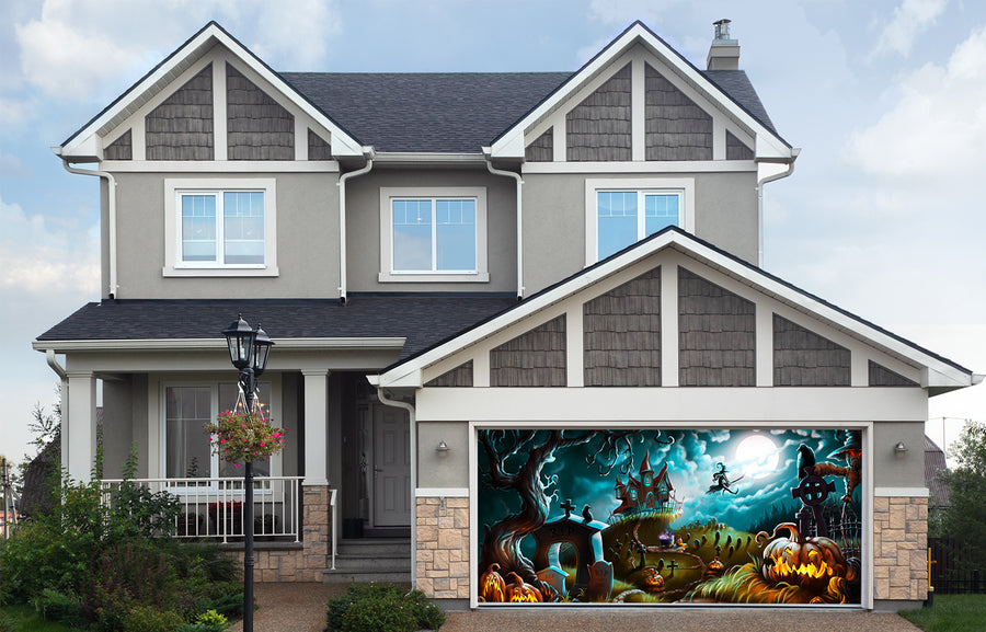 Halloween Night Mystery Graveyard Garage Door Cover Banner Backdrop